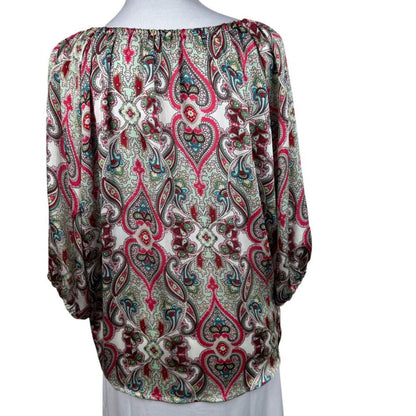 NY Collection Women's Top Sz S Sheer Ivory Paisley Print Scoop Neck 3/4 sleeve