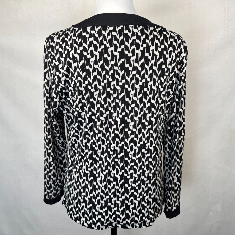 Charter Club Top Sz  XL Black Silver Print Faux Wrap Mesh Long Sleeve Black Trim