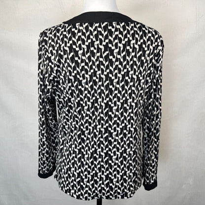 Charter Club Top Sz  XL Black Silver Print Faux Wrap Mesh Long Sleeve Black Trim