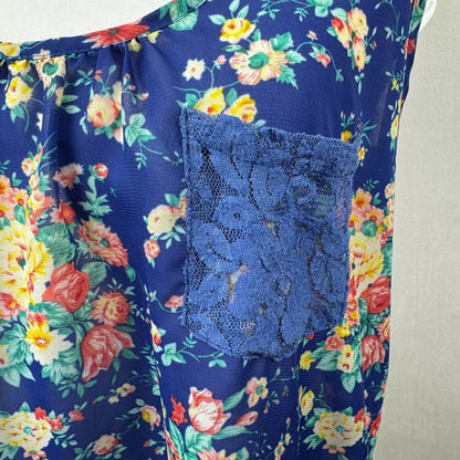 Ali & Kris Tank Top Sz M Floral Sheer Racerback Scoop Neck Blue Lace Pocket