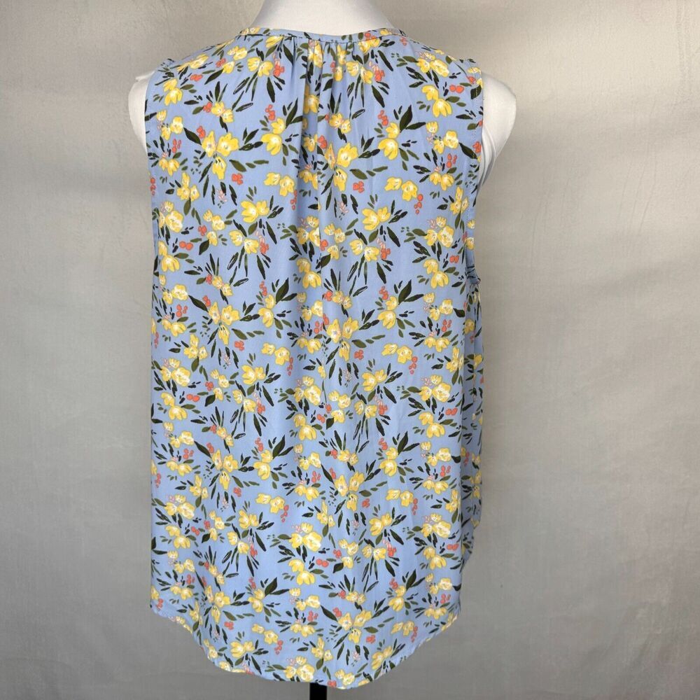 Collective Concepts Tank Top Sz L Blue Floral Split Tie Neck Ladder Stitch Trim