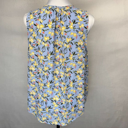 Collective Concepts Tank Top Sz L Blue Floral Split Tie Neck Ladder Stitch Trim