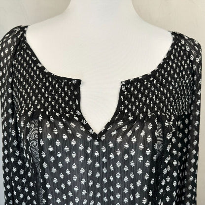 Princess Vera Wang Sz M Sheer Black Top white Print Boho Long Sleeve Split Neck