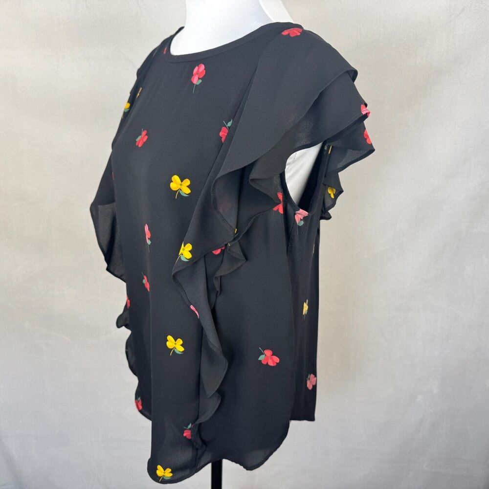 Loft Women Blouse Sz M Black Flower Print Boat Neck Ruffle Cap Sleeve