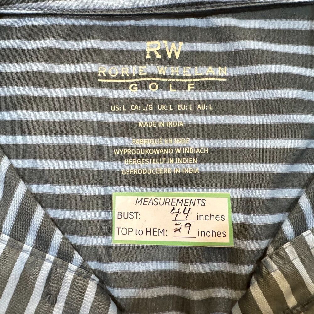 Rorie Whelan Golf Polo Men Sz L Gray Blue Stripes Collar Button Short Sleeves