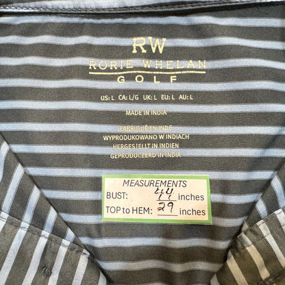 Rorie Whelan Golf Polo Men Sz L Gray Blue Stripes Collar Button Short Sleeves