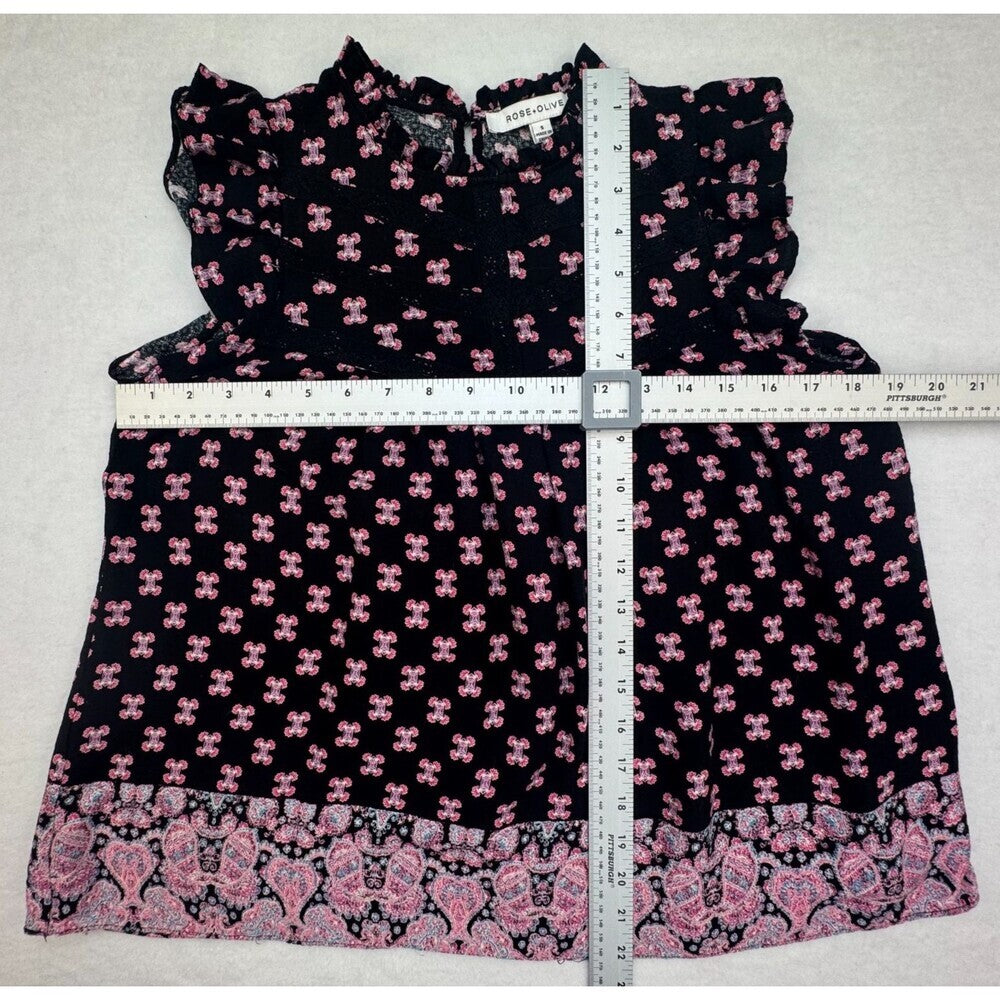 Rose & Olive Top Sz S Black Floral Ruffle Crew Neck Crochet Trim Flutter Sleeve