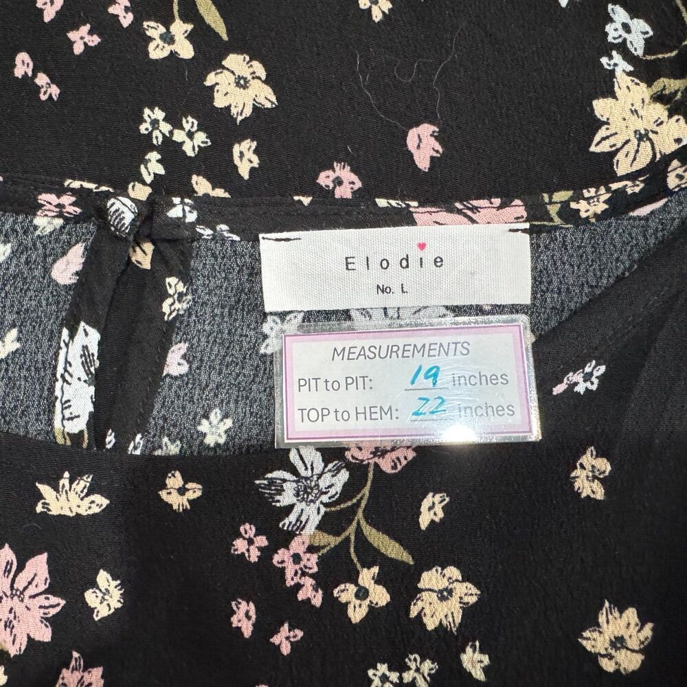 Elodie Women Top Sz L Black Floral Round Neck Keyhole Ruched Sides Ruffle Sleeve
