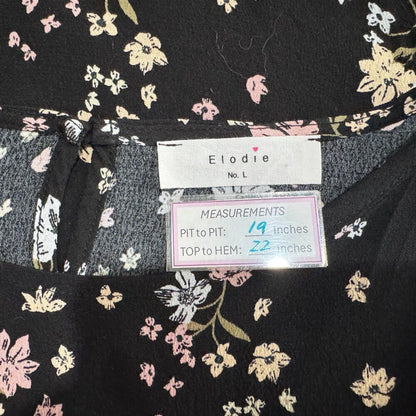 Elodie Women Top Sz L Black Floral Round Neck Keyhole Ruched Sides Ruffle Sleeve