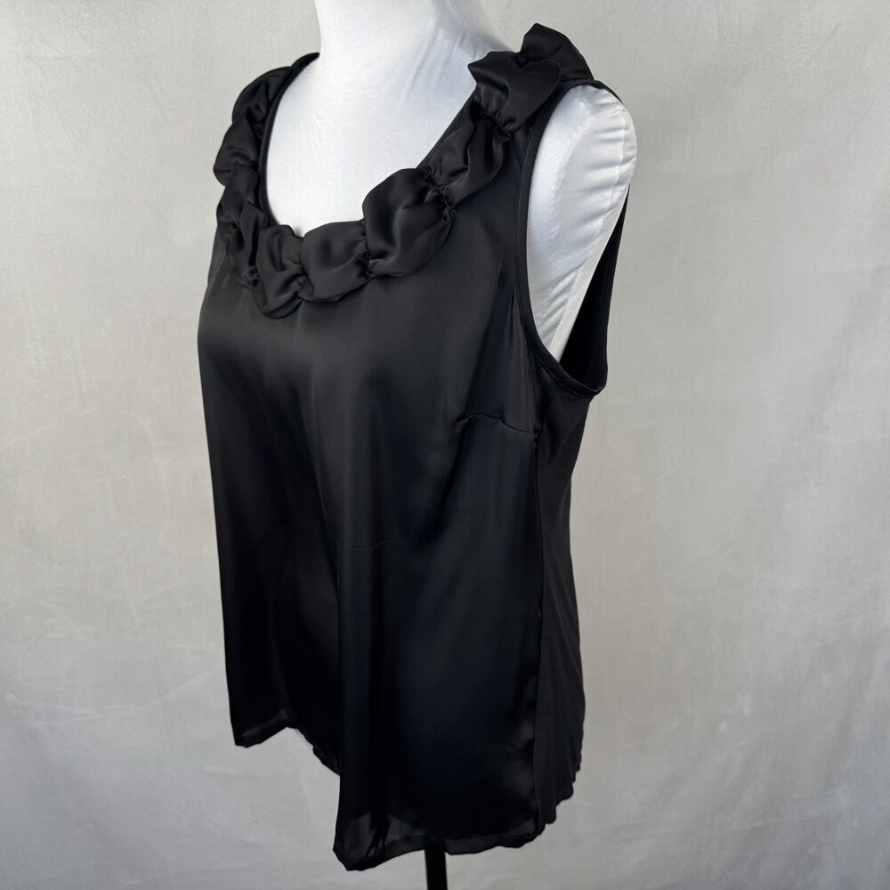 Alfani Women Top Sz 10 Black Neck Ruching Front Satin Stretchy Back Knit