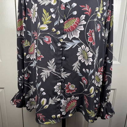 LOFT Women Blouse Sz M Charcoal Floral VNeck Long Sleeve Button Down Ruffle Cuff
