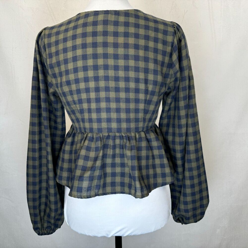 Forever 21 Woven Crop Peplum Blouse SZ S Green Blue V Neck Balloon Long Sleeve