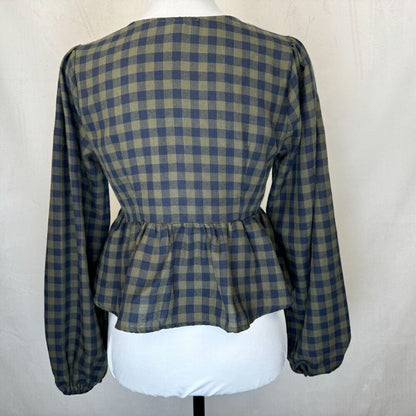 Forever 21 Woven Crop Peplum Blouse SZ S Green Blue V Neck Balloon Long Sleeve