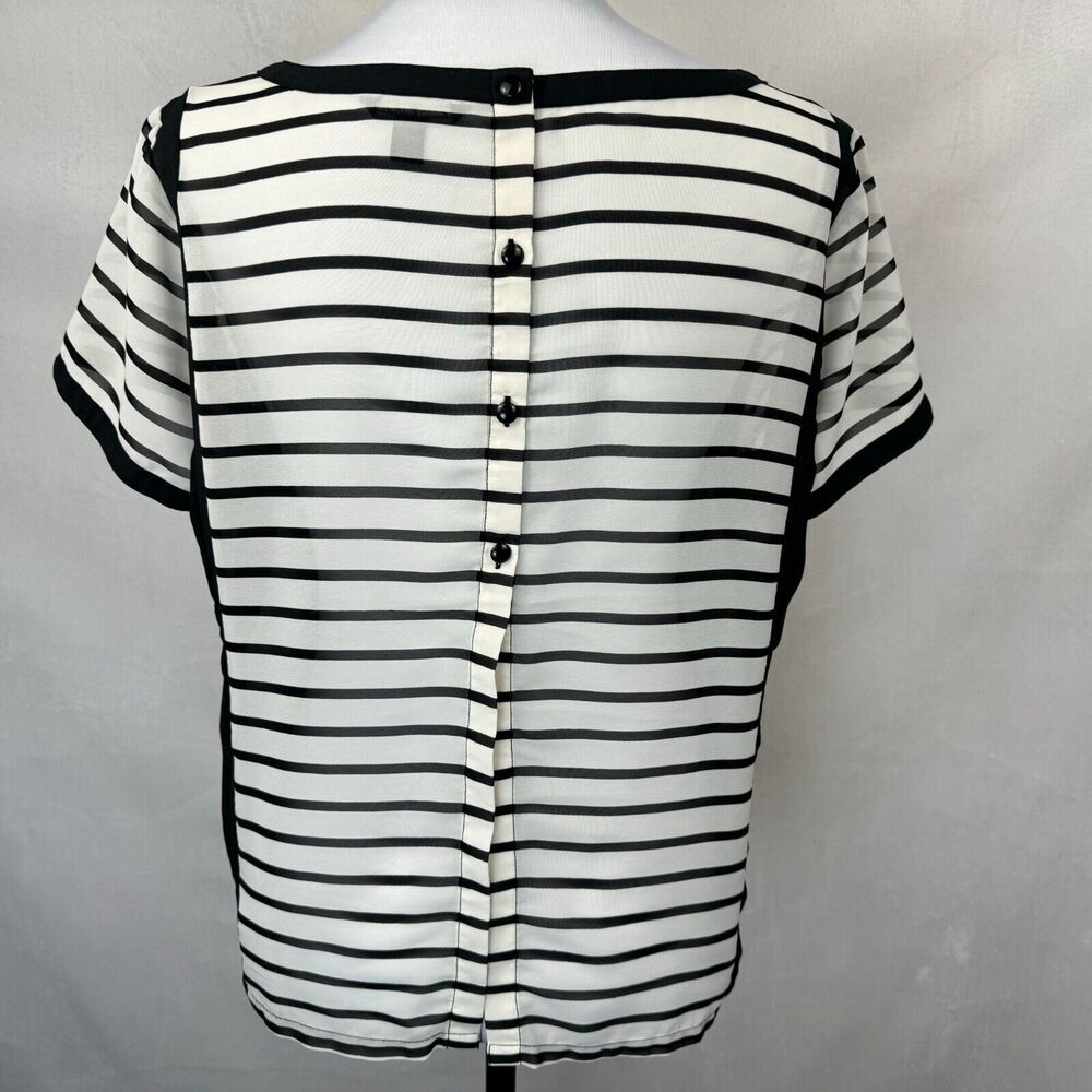 American Eagle Sheer Sz L Black White Striped Round Neck Back Accent Buttons