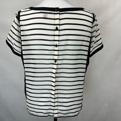 American Eagle Sheer Sz L Black White Striped Round Neck Back Accent Buttons