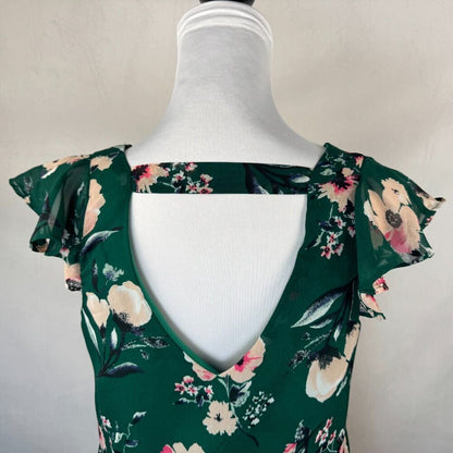 BWear Women Top Sz S Lined VNeck Front Ruffle Sleeveless Green Floral Multicolor