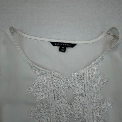 Zac & Rachel Top Sz M Sheer White Blouse Crochet Design On Front Sleeveless