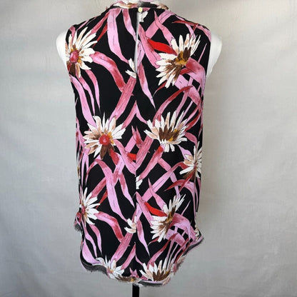 Who What Wear Ladies Top Sz S Black Floral Print Fringe Round Neckline and Hem