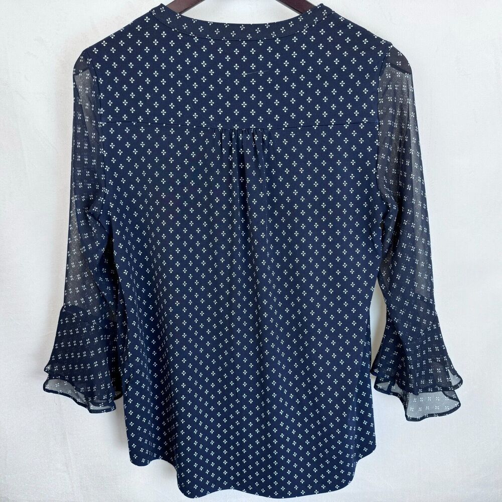 Charter Club Blouse Sz XS Blue White Print Henley Pleat Front 3/4 Flare Sleeve