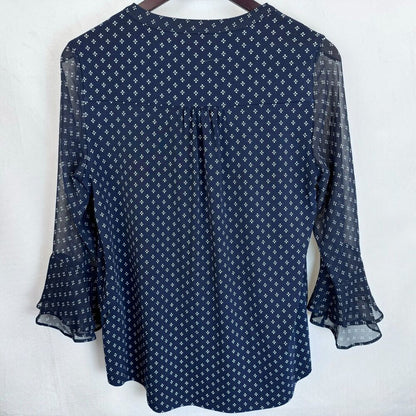 Charter Club Blouse Sz XS Blue White Print Henley Pleat Front 3/4 Flare Sleeve