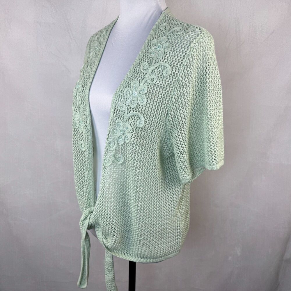 Alfred Dunner Women Sz L Crochet Knit Embroidered Open Cardigan Cotton NWOT