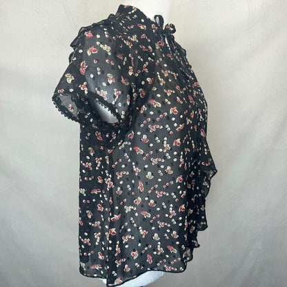Bishop and Young Sz S Black Sheer Floral Top V-Neck Crochet and Ruffle Trim