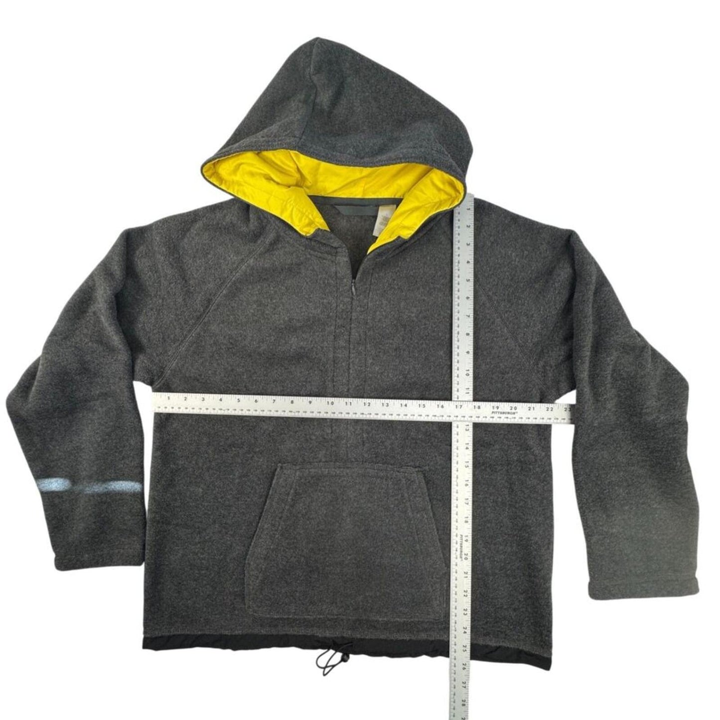 Women’s Gray Fleece Hoodie L Yellow Lined Hood 1/4 Zip Kangaroo Pocket