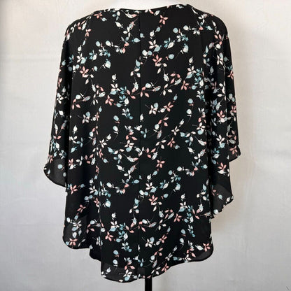 Elle Ladies Top Sz M Solid black under Tank Floral Bat Wing Sleeve top