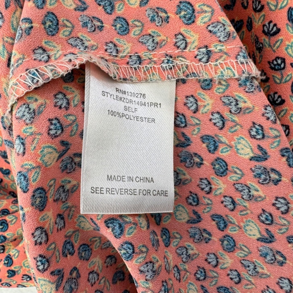 DR2 Blouse Ladies Sz S Pleated Front V-Neck Cap Sleeve Floral Multicolor
