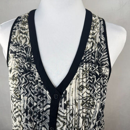 Forever 21 Sheer Tunic Sz M Geometric VNeck Button Down Black Trim Sleeveless