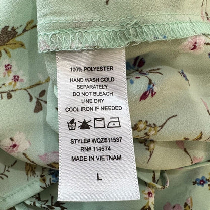 Pleione Top Sz L Sheer Green Floral Tie Around Neck Flutter Short Sleeve