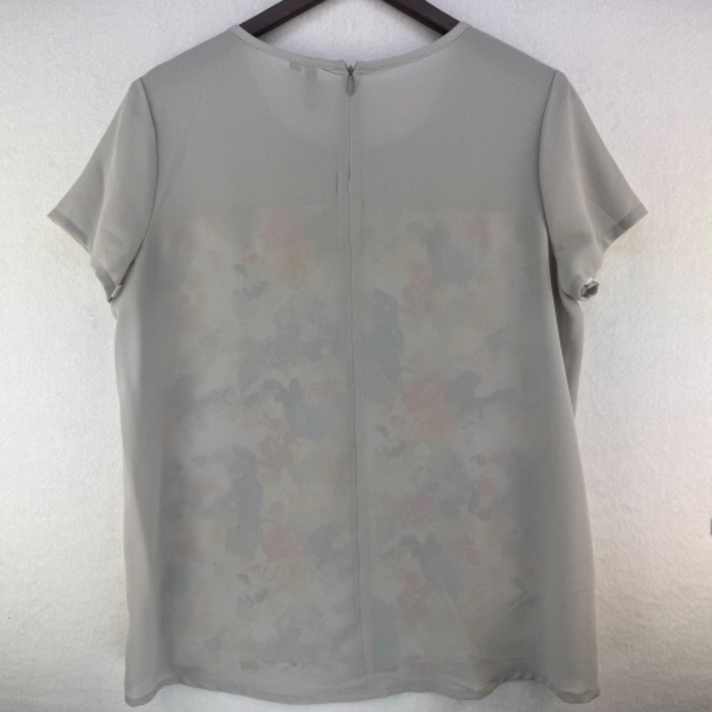 KUT From The Kloth Top Sz M Back Zipper Short Sleeves Gray + Front Floral Print