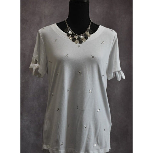 Karen Scott Women Top Sz S White Metallic Beads Tied Short Sleeves Round Neck