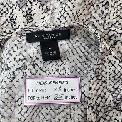 Ann Taylor Sz 4 White Snake Print Gray Black Long Cuffed Sleeve Faux Wrap Peplum