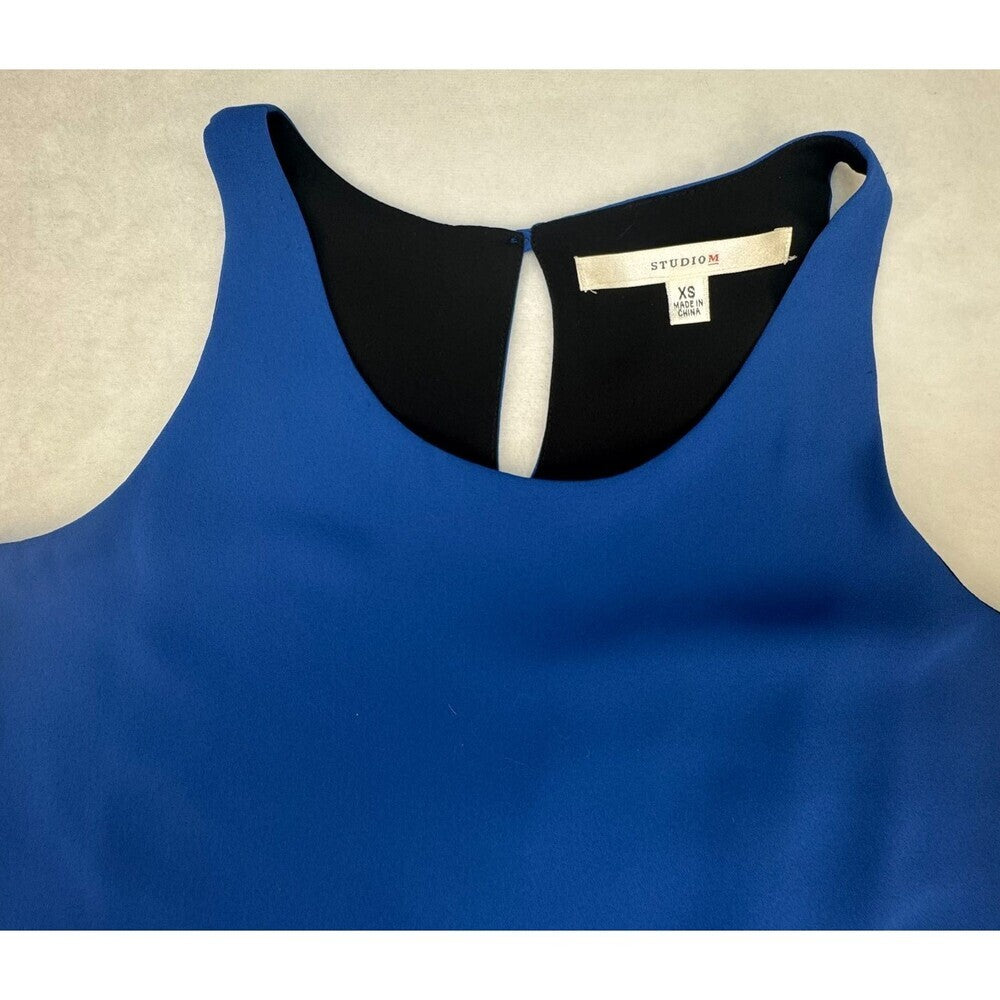 StudioM Top Sz XS Layered Royal Blue Black Asymmetrical Round Neck Sleeveless