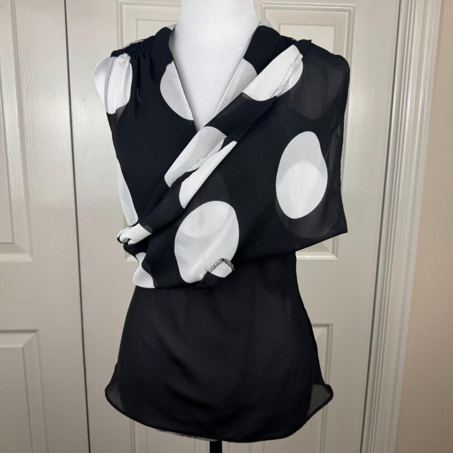ECI Blouse Sz S Sheer Black White Large Polka Dot Front Buttons VNeck Sleeveless