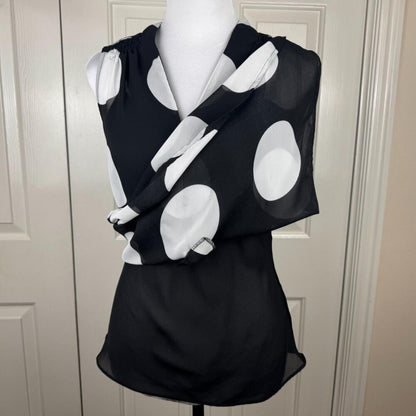 ECI Blouse Sz S Sheer Black White Large Polka Dot Front Buttons VNeck Sleeveless