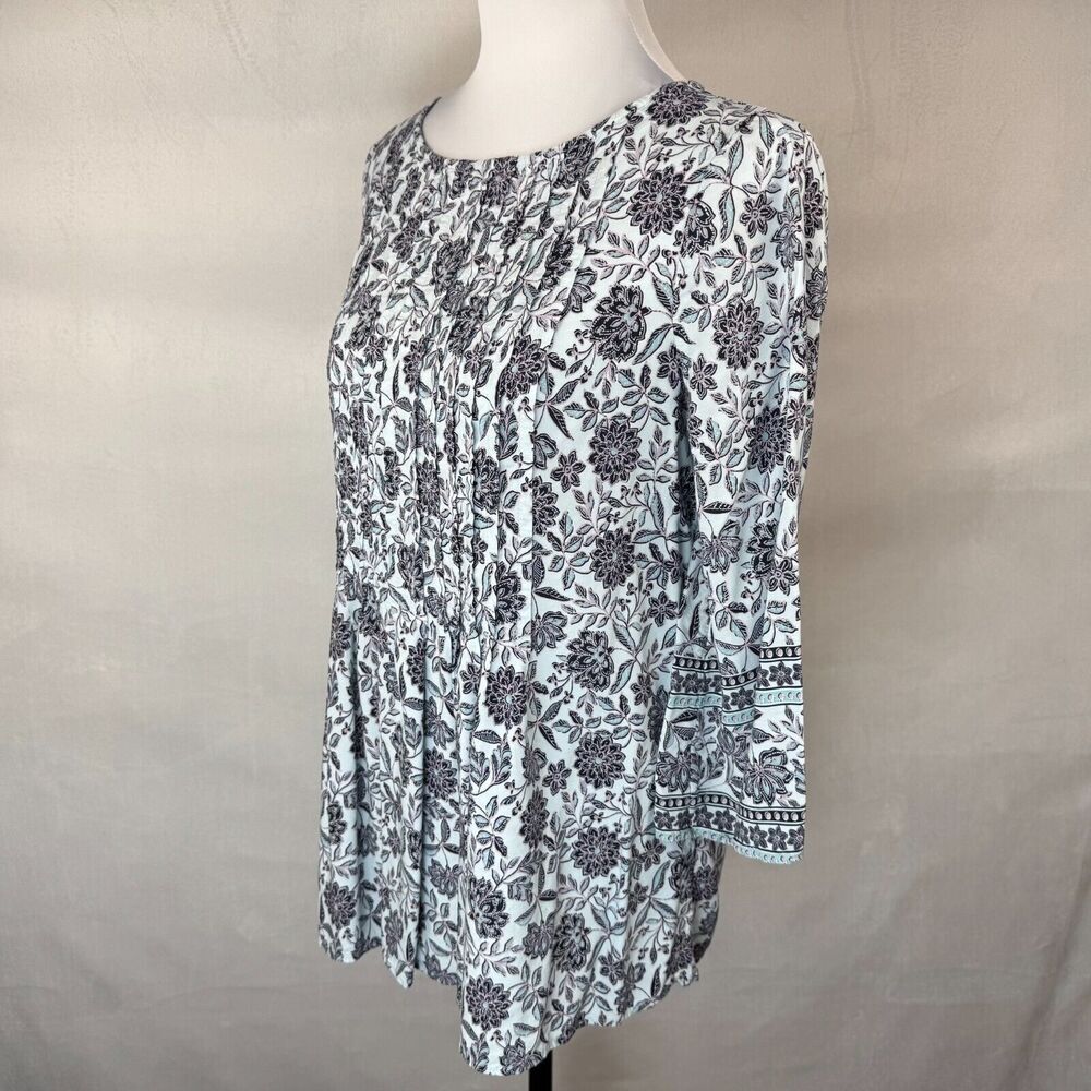 J Jill Tunic Women Sz S Blue Floral Pintuck Long Sleeve Boat Neck Prairie
