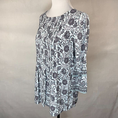 J Jill Tunic Women Sz S Blue Floral Pintuck Long Sleeve Boat Neck Prairie