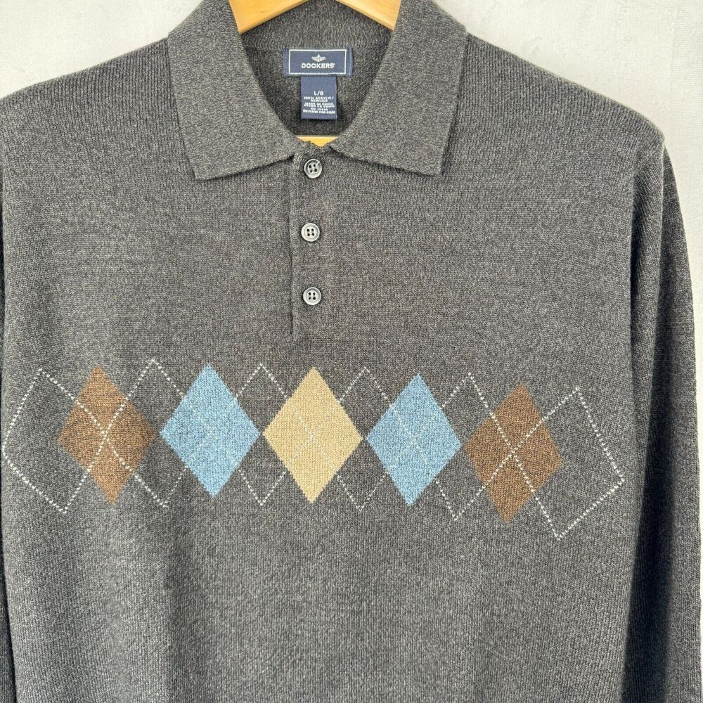 Vtg Dockers Men Sz L Sweater Charcoal Polo Long Sleeve Argyle Blue Beige Henley