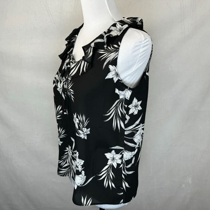 Premise Ladies Top Sz XS/TP  Ruffle VNeck Tie Sleeveless Black Floral White