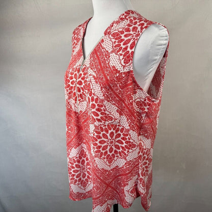 Soho NYC Jeans Women Sz L Sheer Red Paisley Tank Top Pockets Front Zipper Accent