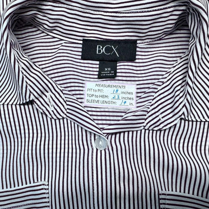 BCX Women Top XS Pink Burgundy Stripes Button Up  Twist Waist Roll Up 3/4 Sleeve
