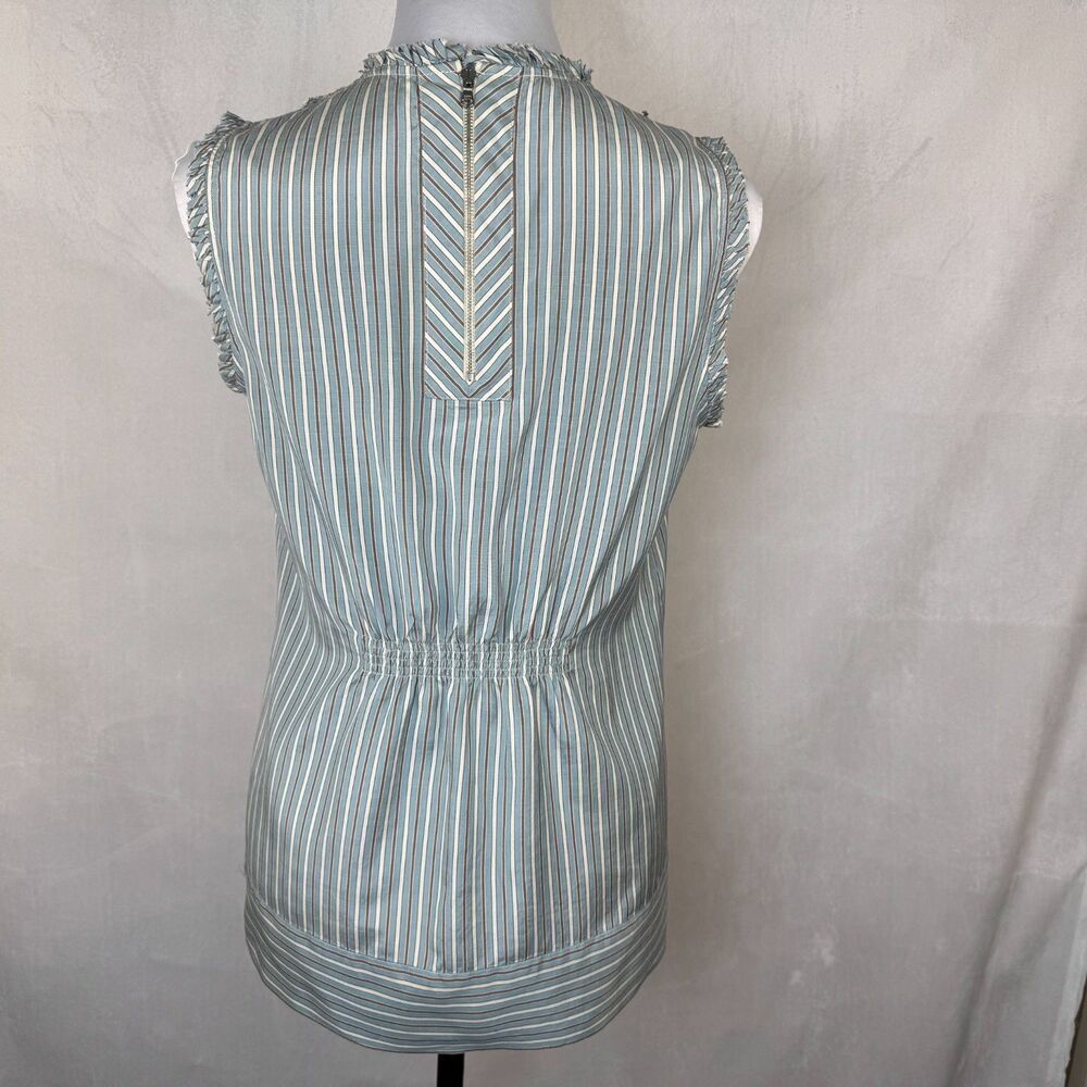 BCBGMaxAzria Top Sz S Crew Pleated Bib Style Neckline Striped Blue Brown Zipper