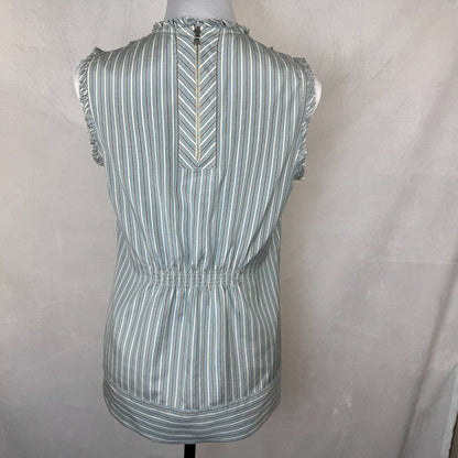 BCBGMaxAzria Top Sz S Crew Pleated Bib Style Neckline Striped Blue Brown Zipper