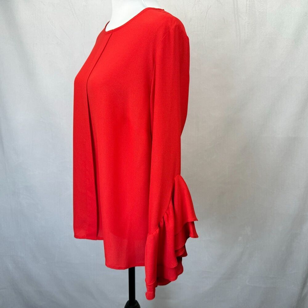 Who Wear What Top Sz M Red Front Pleated Boat Neck Long Fluted Sleeve