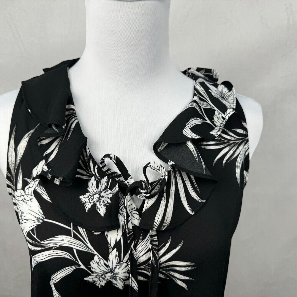 Premise Ladies Top Sz XS/TP  Ruffle VNeck Tie Sleeveless Black Floral White