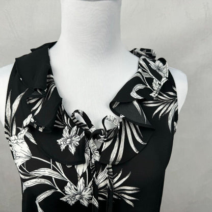 Premise Ladies Top Sz XS/TP  Ruffle VNeck Tie Sleeveless Black Floral White