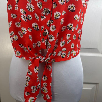 Papermoon Women Top Sz S Red Flower Print Buttons Round Neck Straps Front Tie