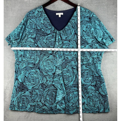 Croft & Barrow Sz 2X Mesh Top Blue and Green Ruffle V-Neck Short Sleeve